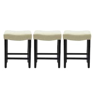 Jameson 24 in. Counter Height Black Wood Backless Nailhead Barstool with Upholstered Beige Linen Saddle Seat Set of 3