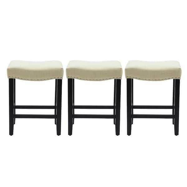 WESTINFURNITURE Jameson 24 in. Counter Height Black Wood Backless Nailhead Barstool with Upholstered Beige Linen Saddle Seat Set of 3