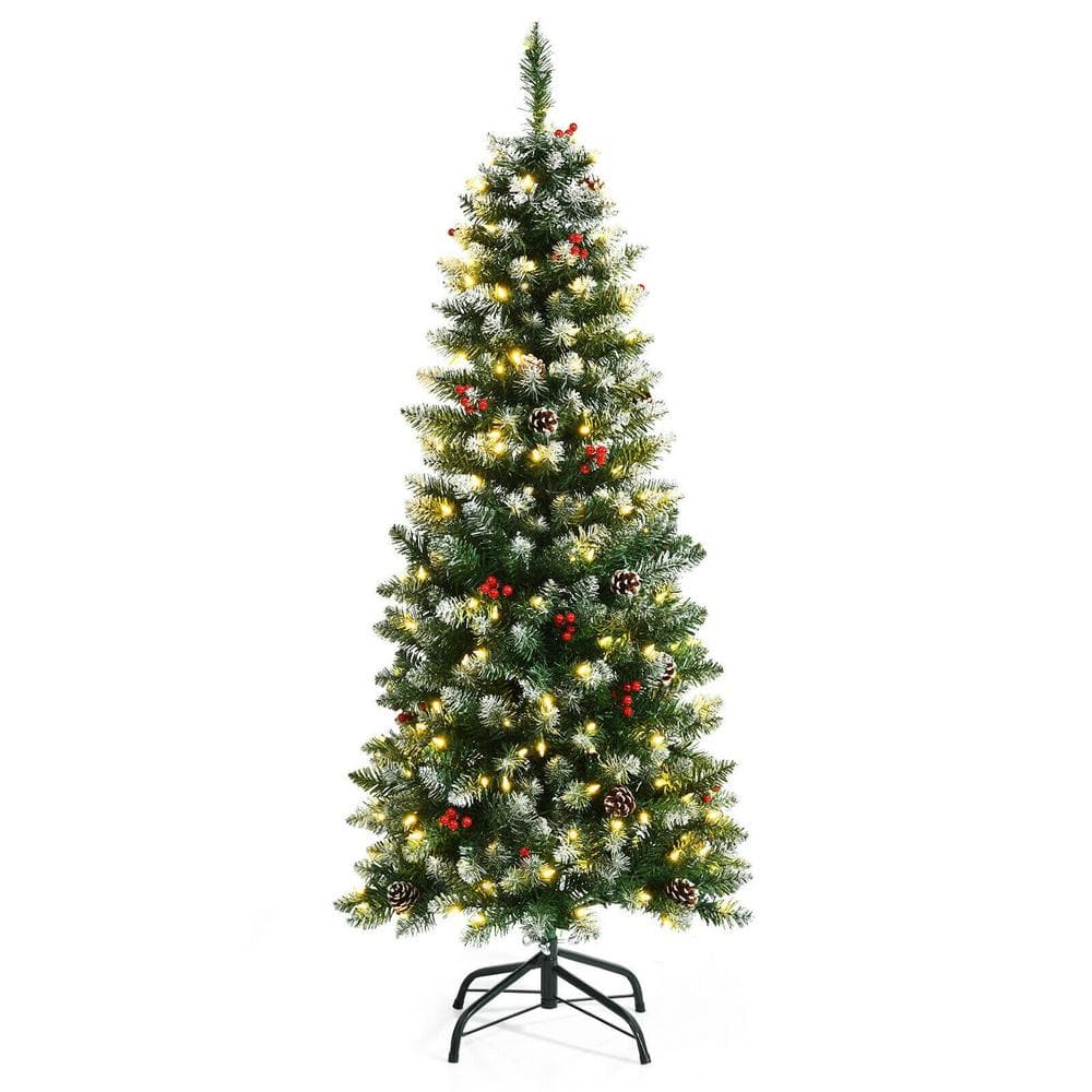 6 ft. Pre-Lit Snow Flocked LED Classical Artificial Christmas Tree with 300 LED Light and Red Berries and Ornaments -  WELLFOR, CM-HFY-23666US