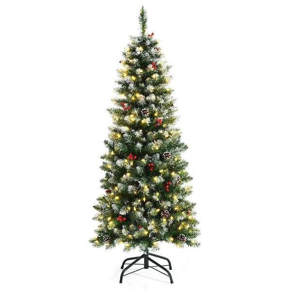 WELLFOR 6 ft. Pre-Lit Snow Flocked LED Classical Artificial Christmas Tree with 300 LED Light and Red Berries and Ornaments