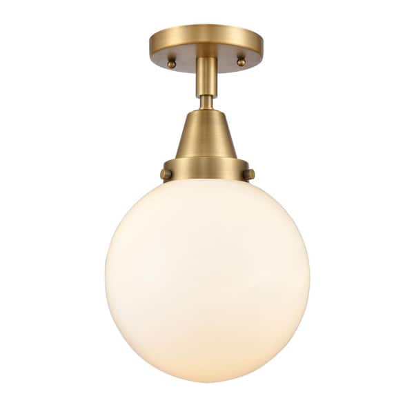 Beacon 8 in. 1-Light Brushed Brass Industrial Flush Mount with Seeded Glass Shade