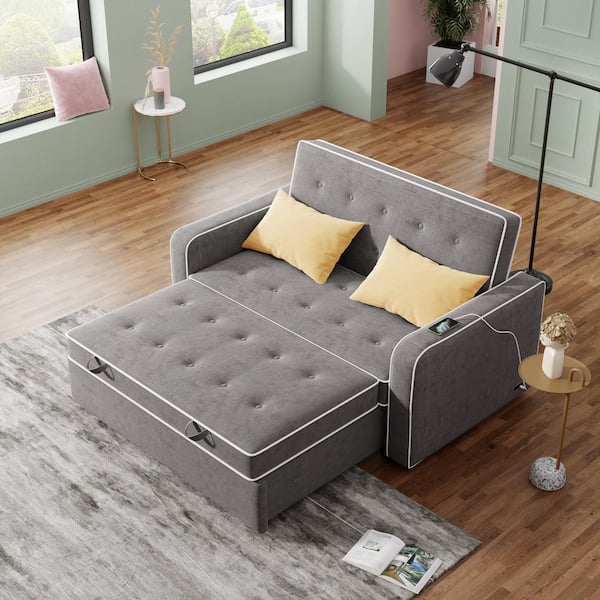 J&E Home 66.54 in. W Gray Linen Full Size Convertible 2-Seat ...