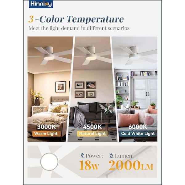 48 in. Indoor White Low Profile 6-Speed 3-Color Ceiling Fan with Light Kit and Remote Control and DC Motor