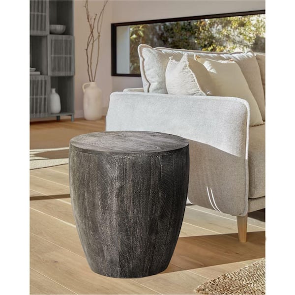 THE URBAN PORT Arthur 21 in. Sandblasted Black Round Dum Shape Mango Wood Side End Table with Flat Base