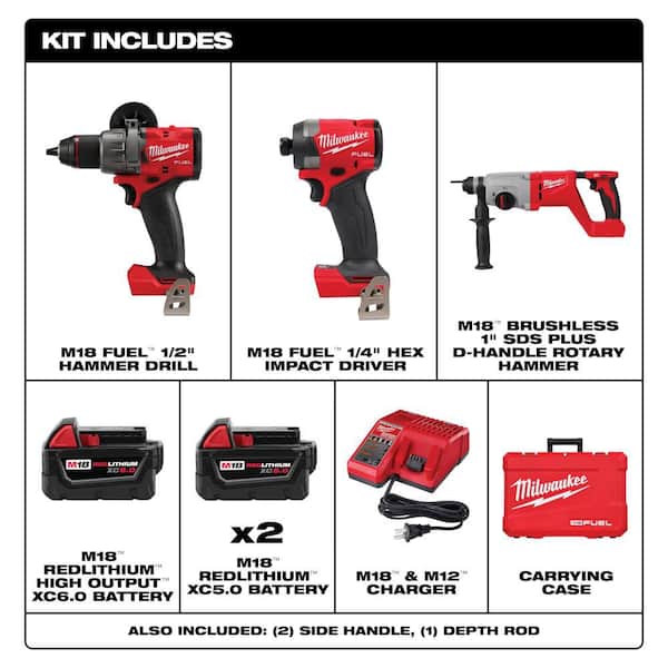 M18 FUEL 18V Lith-Ion Cordless Hammer Drill & Impact Driver Combo Kit (3-Tool) w/ 3 Batteries & M18 Rotary Hammer