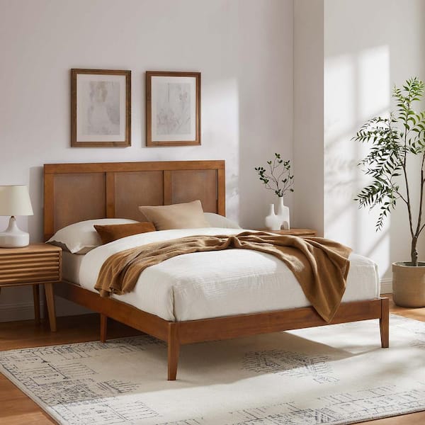 MODWAY Sirocco Rattan and Wood Full Platform Bed in Walnut