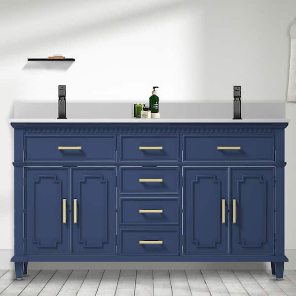 Unbranded 60 in. W x 22 in. D x 38 in. H Bath Vanity in Blue with White Artificial Stone Top