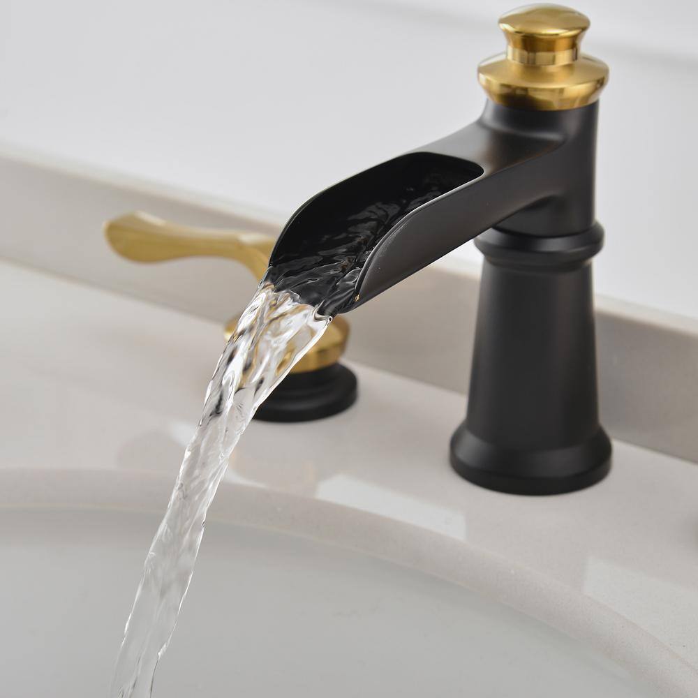 8-Inch Black and Gold Waterfall Widespread Bathroom Faucet