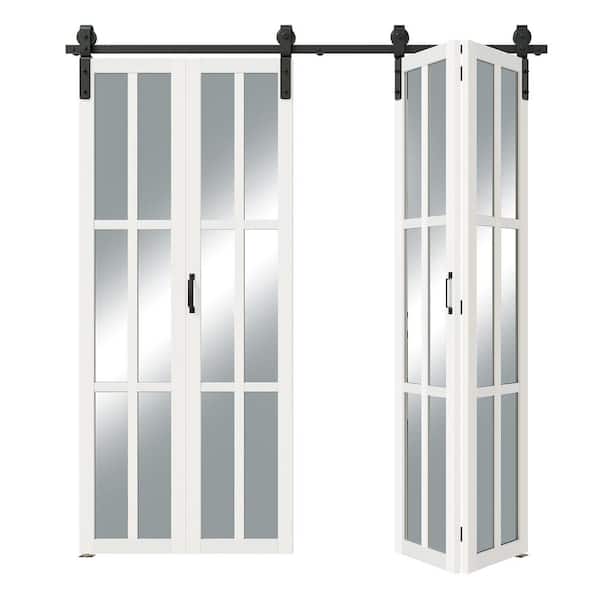 TENONER 72 in x 84 in (36' in. W x 2) White 6 Lite, Mirrored Glass, MDF, Bi-Fold Style Sliding Barn Door with Hardware Kit
