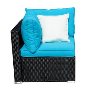 1-Piece Wicker Rattan Sofa Conversation Seat with Blue Cushion