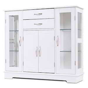 White Buffet Server Storage Cabinet with Glass Doors and Double Drawers