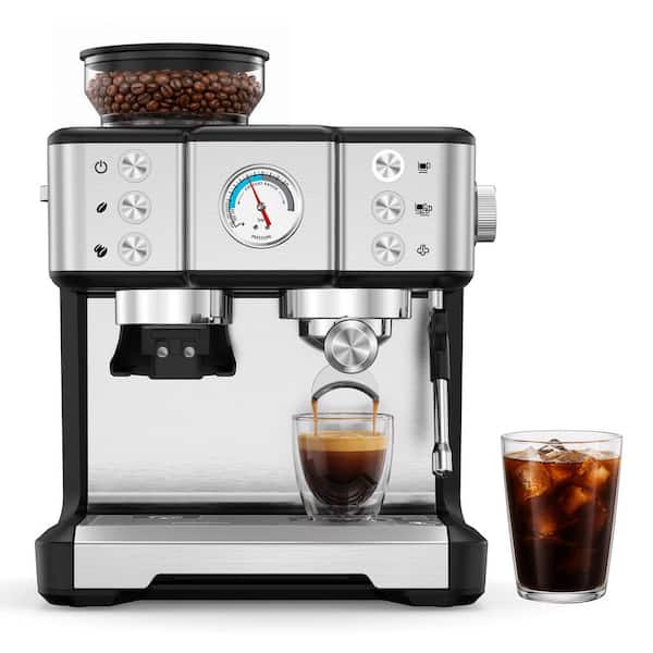 2-Cup Silver Semi-Automatic Espresso Machine with Built-In Grinder, 20-Bar Extraction, NTC Temp Control
