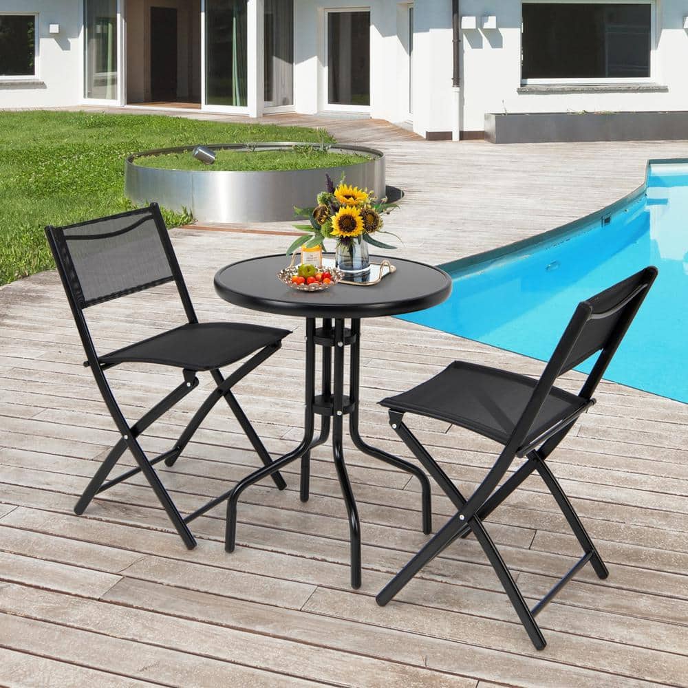 Black Metal Folding Bistro Set with Round Table and Armchairs