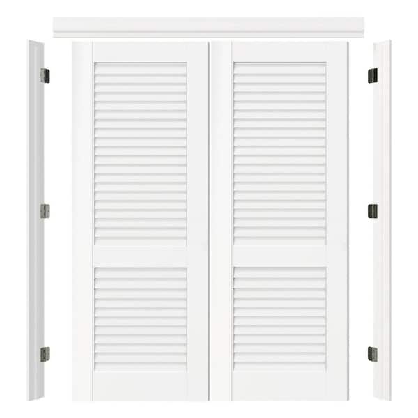 64 in. x 80 in. Louvered White Primed Pine Wood Core Double Pre-Hung French Door with Quick Assemble Jamb