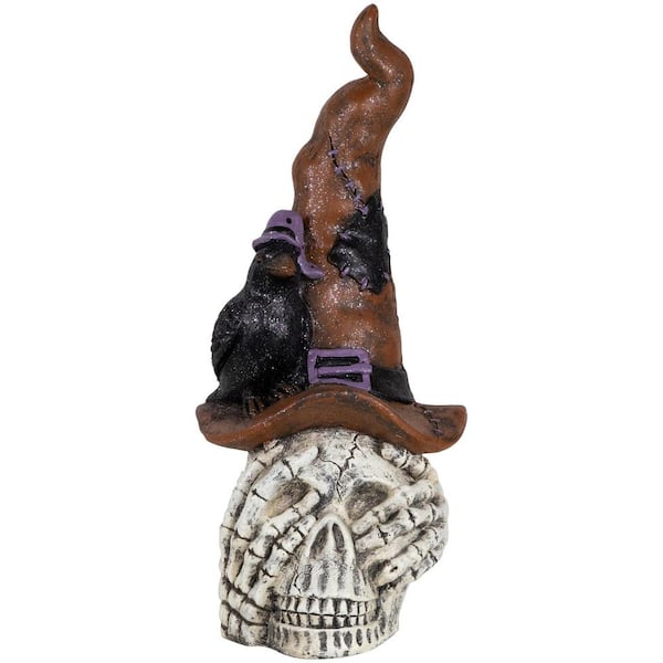 Skull in Witches Hat with Crow Halloween Decoration-22.75"