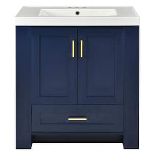 30 in. W x 18.1 in. D x 31.5 in. H Single Sink Bath Vanity in Blue with White Resin, Drawer, Shelves and Tower Rack