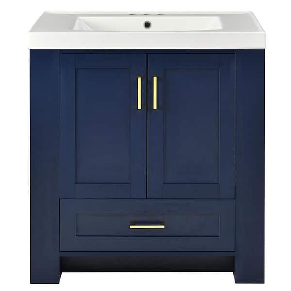 Virubi 30 in. W x 18.1 in. D x 31.5 in. H Single Sink Bath Vanity in Blue with White Resin, Drawer, Shelves and Tower Rack