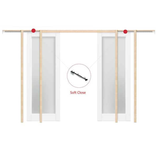 TENONER 48 in. x 80 in. White Primed Solid Wood 1-Lite Forested Glass Pocket Door with Hardware Kit (Soft Close Included)