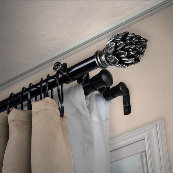 EMOH 13/16" Dia Adjustable 28" to 48" Triple Curtain Rod in Black with Julia Finials