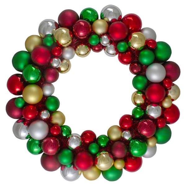 Northlight 24 in. Green Unlit Traditional Colored 2-Finish Shatterproof Ball Artificial Christmas Wreath