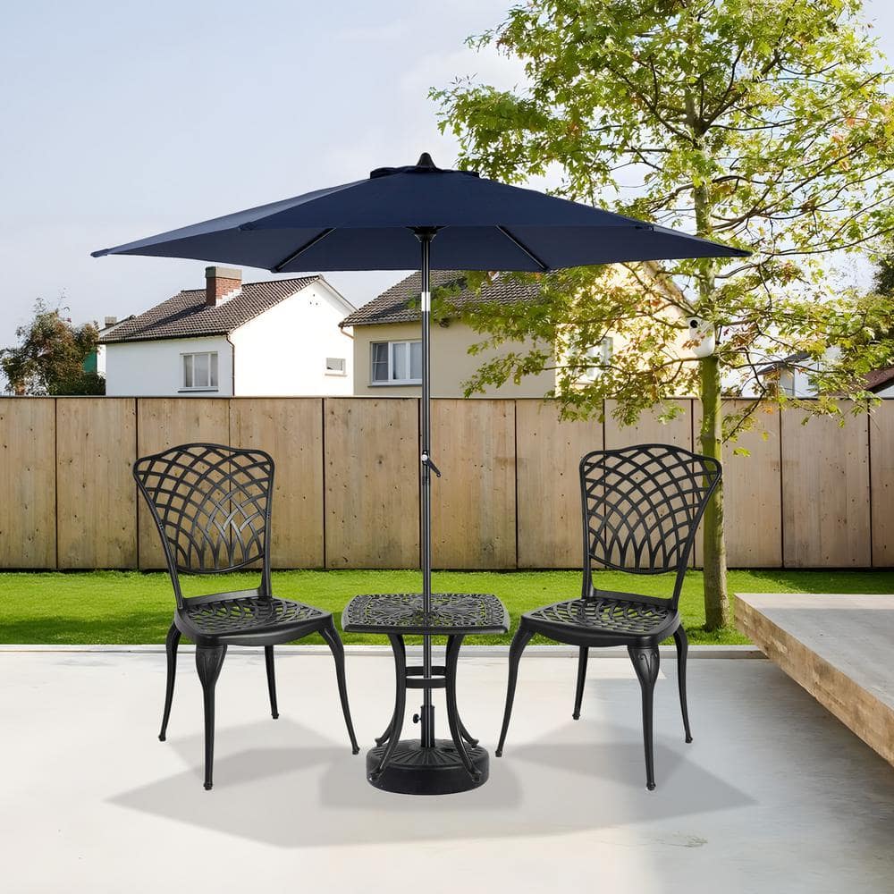 2 person patio set with umbrella HOMEFUN 3-Piece Outdoor Black Cast Aluminum Patio Bistro Set Table and  Chairs with Umbrella Hole Set of 2 HFHDHW-731BK