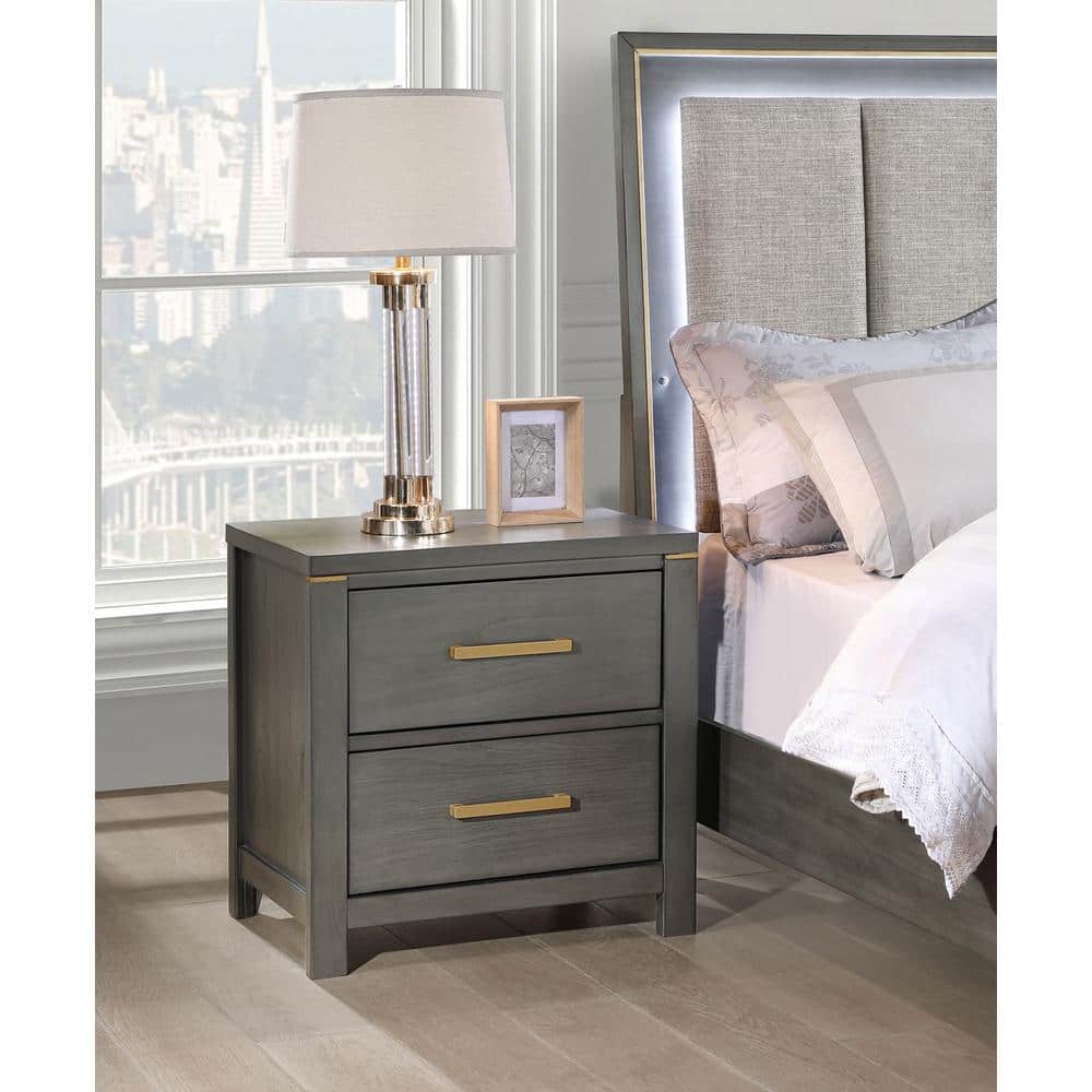 Gray Pine Transitional 2-Drawer Nightstand with Brass Accents