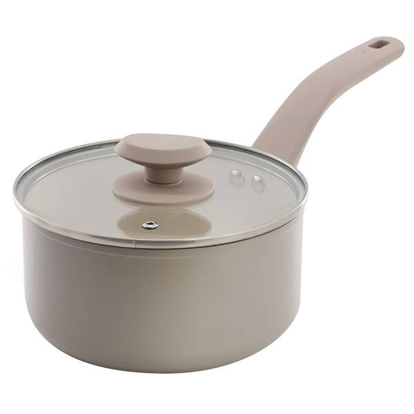 2.5 Quart Ceramic Nonstick Aluminum Saucepan with Lid in Warm Grey