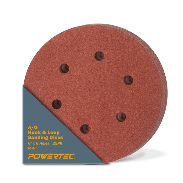 POWERTEC 6 in. 60-Grit Aluminum Oxide Hook and Loop 6 Hole Disc (25-Pack)