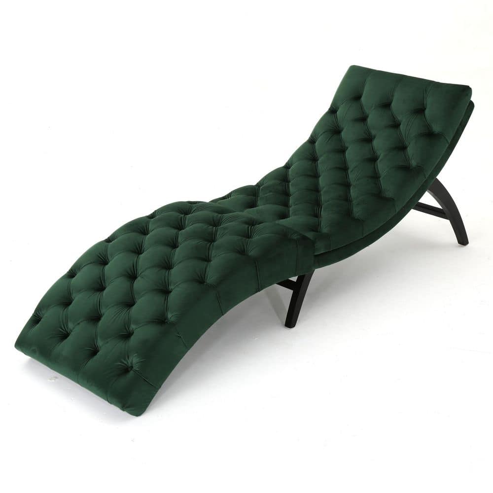 1Piece Green Velvet Chaise Lounge with Birch Wood Legs, 72.5 in. Indoor/Out
