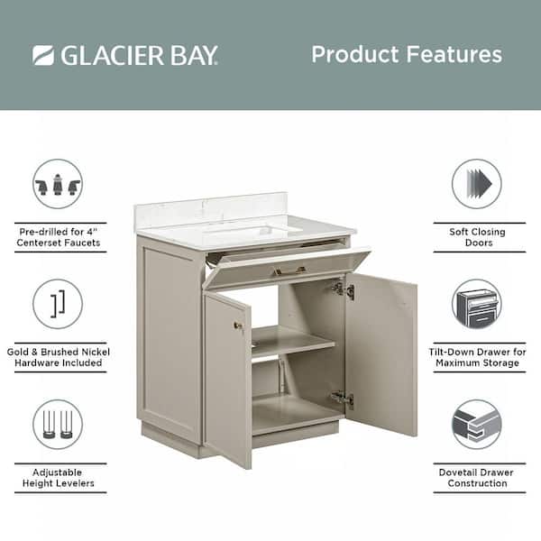 Glacier Bay Marcote 30 in. Single Sink Greige Bath Vanity with White Volakas Engineered Marble Top (Assembled) 23033-VS30-GP