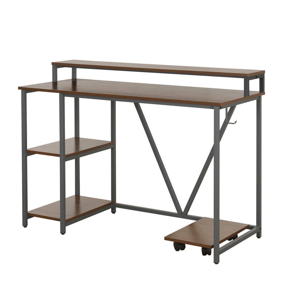 Modern Industrial Walnut Writing Desk with Steel Frame and CPU Caddy
