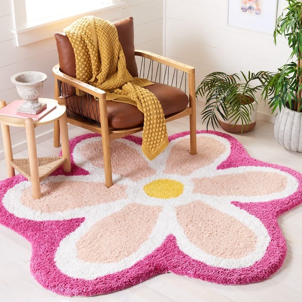 Novelty 6 ft. x 6 ft. Ivory/Pink Floral Round Area Rug