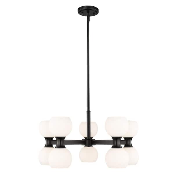 Unbranded Artemis 10 Light Matte Black Shaded Chandelier Light with Matte Opal Glass Shade with No Bulbs Included
