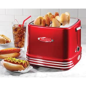 Retro Series 4-Slice Red Hot Dog and Bun Toaster with Crumb Tray and Mini Tongs