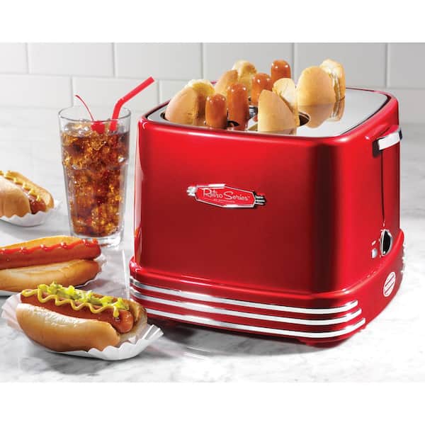 Retro Series 4-Slice Red Hot Dog and Bun Toaster with Crumb Tray and Mini Tongs