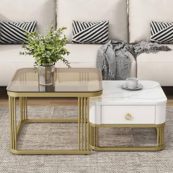 Clihome 23 in. W Brown Tempered Glass Nesting End Table White Coffee Table with Drawer(Set of 2)