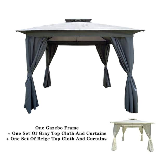 Unbranded 10 ft. x 10 ft. Gray Outdoor Patio Garden Gazebo Canopy with 2 Sets Canopy And Curtain in Metal