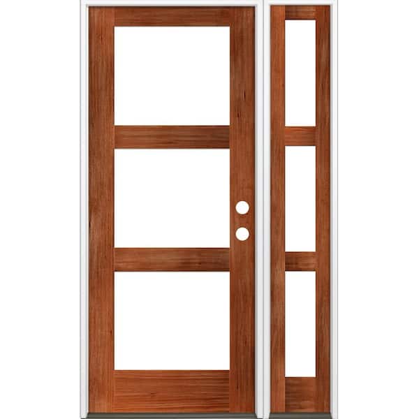 Krosswood Doors 50 in. x 96 in. Modern Hemlock Left-Hand/Inswing Clear Glass Red Chestnut Stain Wood Prehung Front Door with Sidelite
