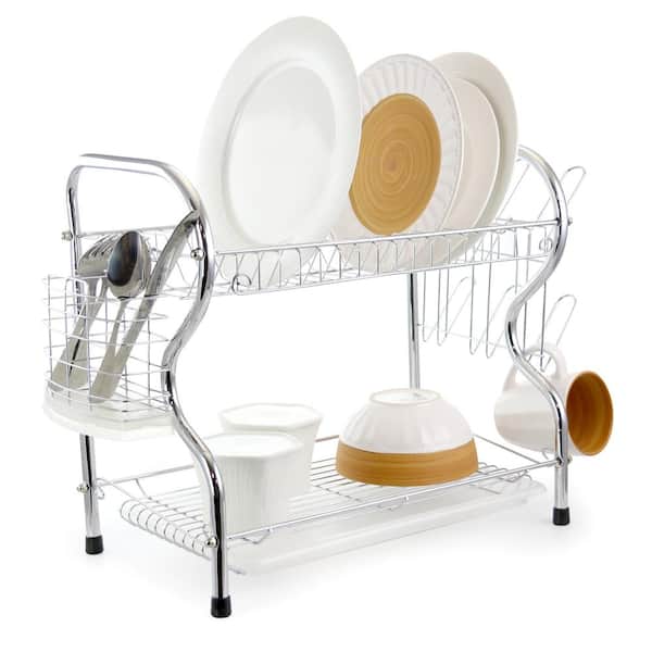 Angeles Home Silver 2-Tier Detachable Dish Rack with Drainboard and 360° Swivel Spout