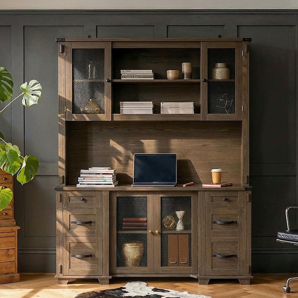 78.7 in. Tall Brown Wood 11-Shelf Standard Bookcase with China Cabinet,Accent Storage Cabinet,Garage Cabinet,Food Pantry
