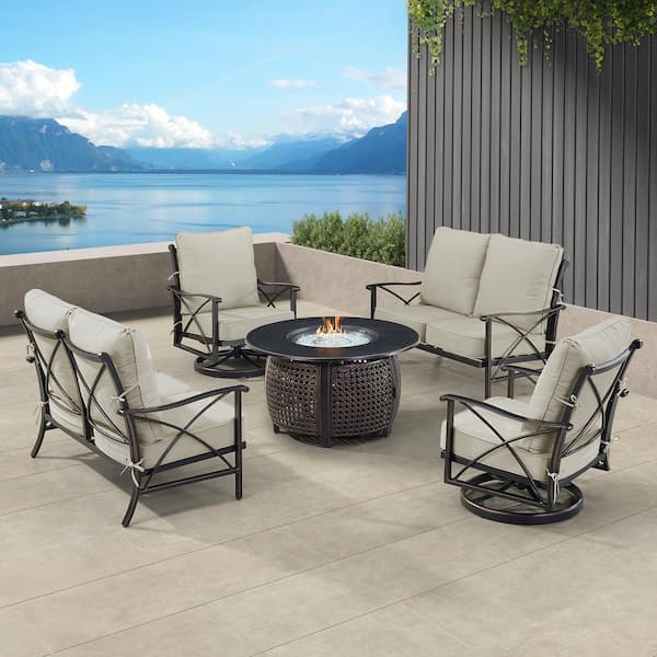 Oakland Living Black Aluminum Fire Table Set with 2-Loveseats and 2-Club Chairs