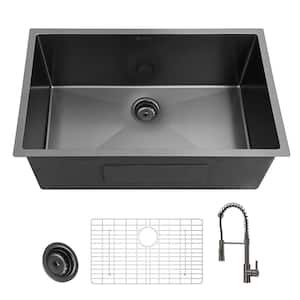 31 in. Undermount Single Bowl 18 Gauge Gunmetal Black Stainless Steel Kitchen Sink with Black Spring Neck Faucet