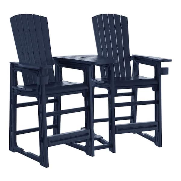 Coastline Outdoor Patio All Weather Poly Plastic Bar Chair Set w/ Connecting Tray and Cup Holder, Navy Blue
