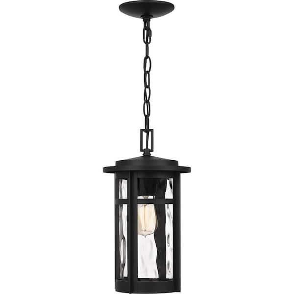 Quoizel Uma 8 in. 1-Light Matte Black Outdoor Pendant-Light with Clear Water Glass