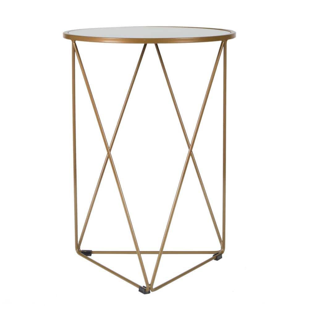 Modern Geometric Gold Metal Round Side Table with Mirrored Top
