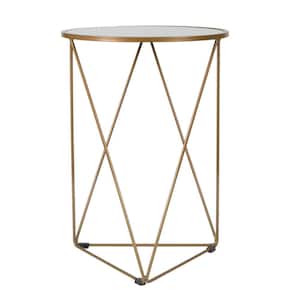 24 in. Metal Accent Triangle Gold Base Round Mirror Top Accent Table