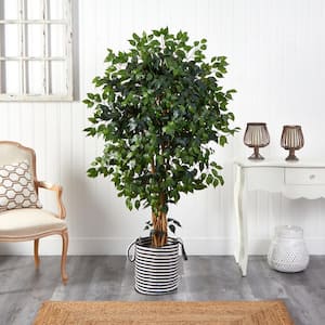 5.5 ft. Green Palace Ficus Artificial Tree in Handmade Black White Natural Jute and Cotton Planter