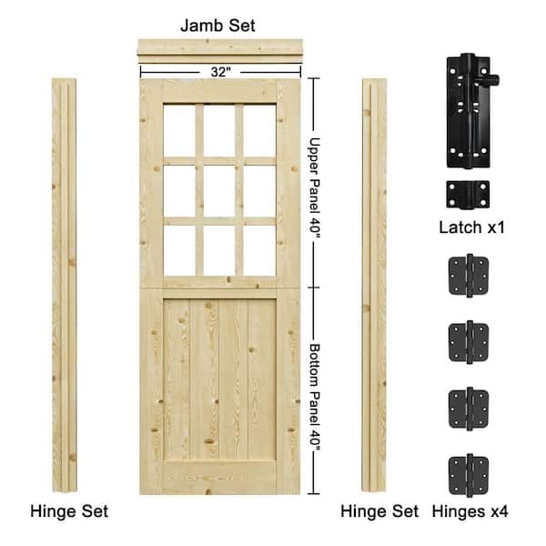 32 in. x 80 in. Pine Universal 9-Lite Clear Glass& 1-Panel Unfinished Dutch Wood Prehung Front Door+Quick Assemble Jamb