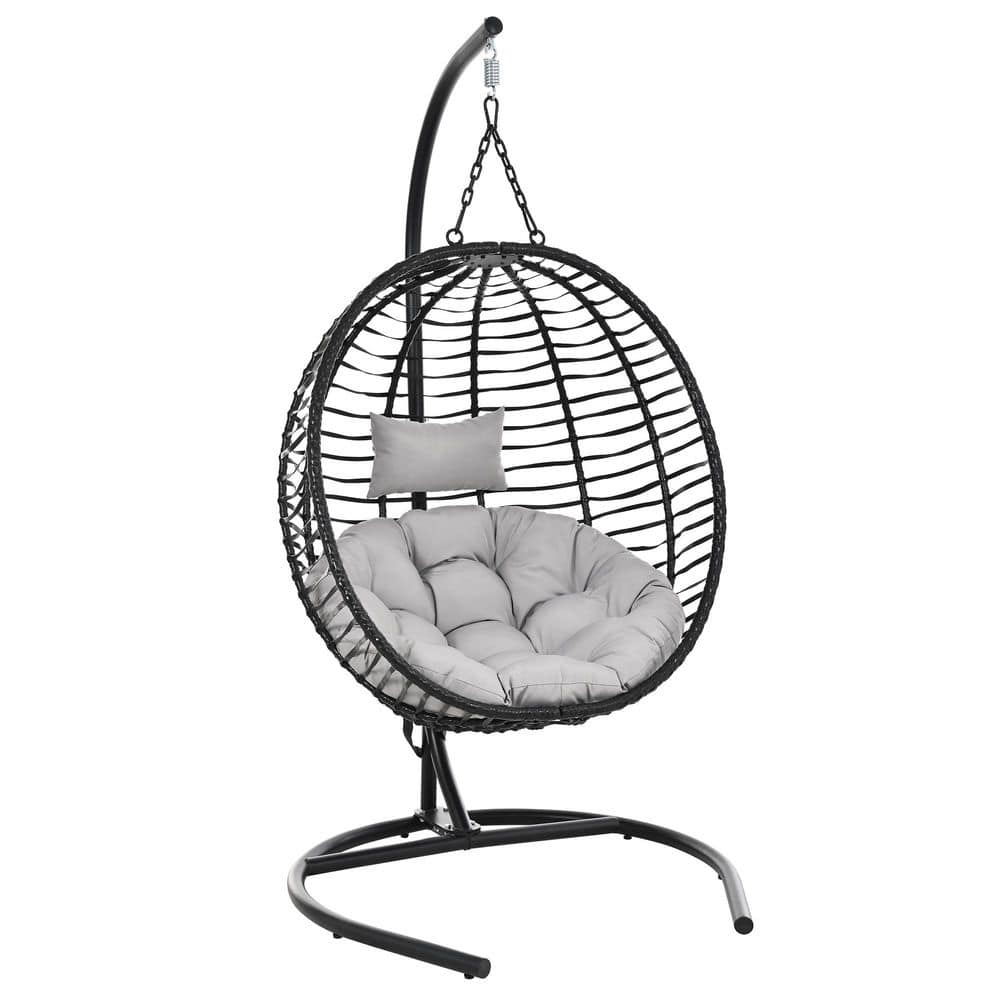 Black HDPE Wicker Patio Swing, Folding Egg Chair with Gray Cushion, Adjustable Anti-Slip Feet and Stand