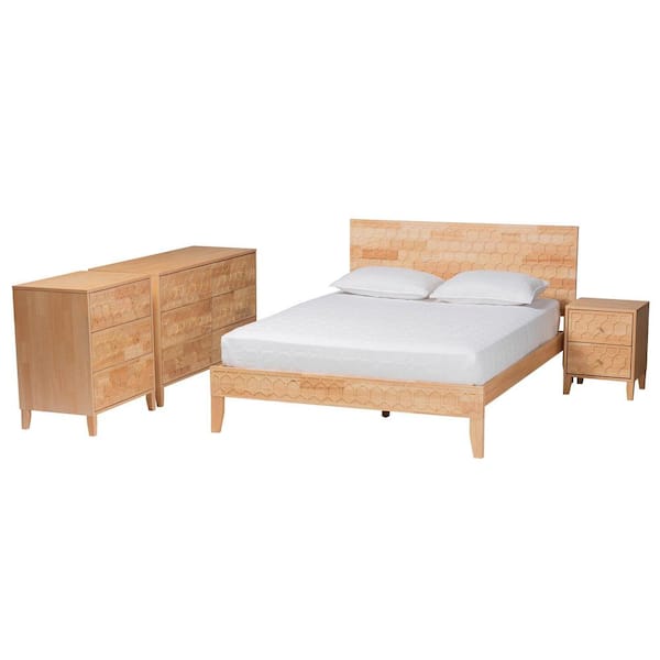 Baxton Studio Hosea 4-Piece Natural Brown Wood King Bedroom Set